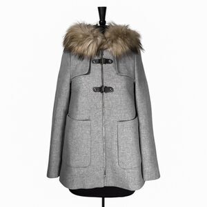 Zara Womens Small Gray Faux Fur Hood Toggle Wool Blend Coat Jacket Winter